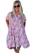 Pink Plus Size Floral Half Button Short Puff Sleeve A-line Dress